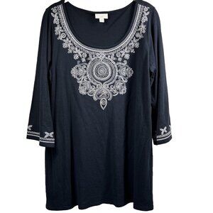 J Jill Women's Top Size Large Navy Blue Embroidered Tunic Bohemian 3/4 Sleeves
